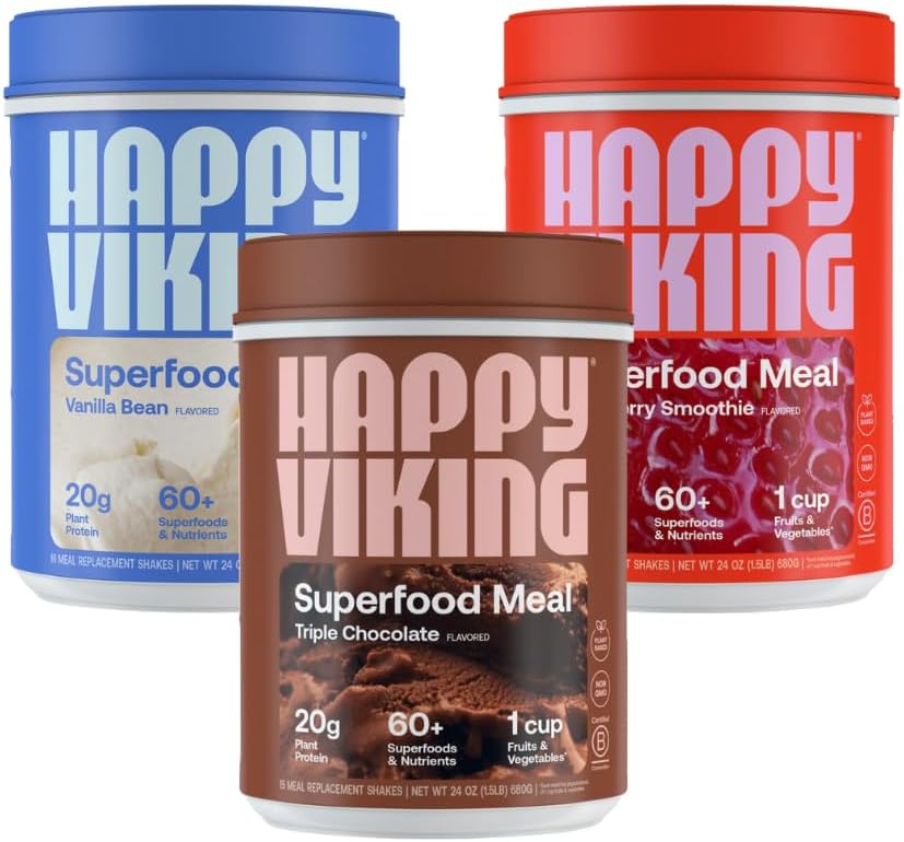 Happy Viking Chocolate, Vanilla and Strawberry Powder, Venus Williams, 20G valk, Low Carb, Keto, Vegan, Gluteenivaba, Superfoods, Complete Meal Asendamine, 3 Canisters (24 oz). Iga