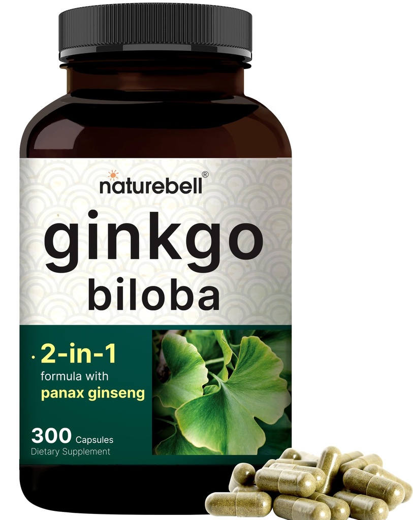NatureBell Ginkgo Biloba 6000mg Panax Ginseng 500mg per Serving | 300 kapslit - Max Strength Ginko Biloba ekstrakti täiendused - soodustab mälu, fookust ja aju tervist