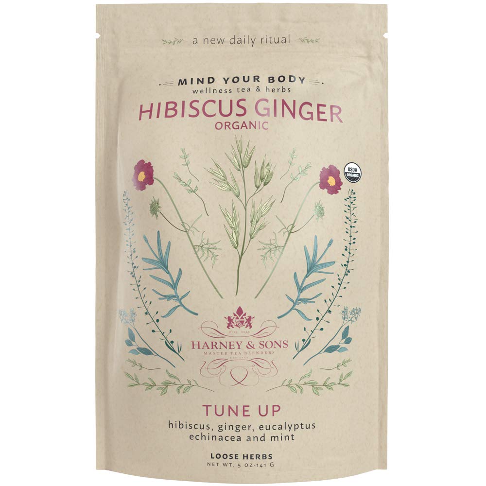 Harney & Sons Organic Hibiscus Ginger Tune-Up Wellness Blend, Eucalyptus, Echinacea ja Mint, 5 oz kott