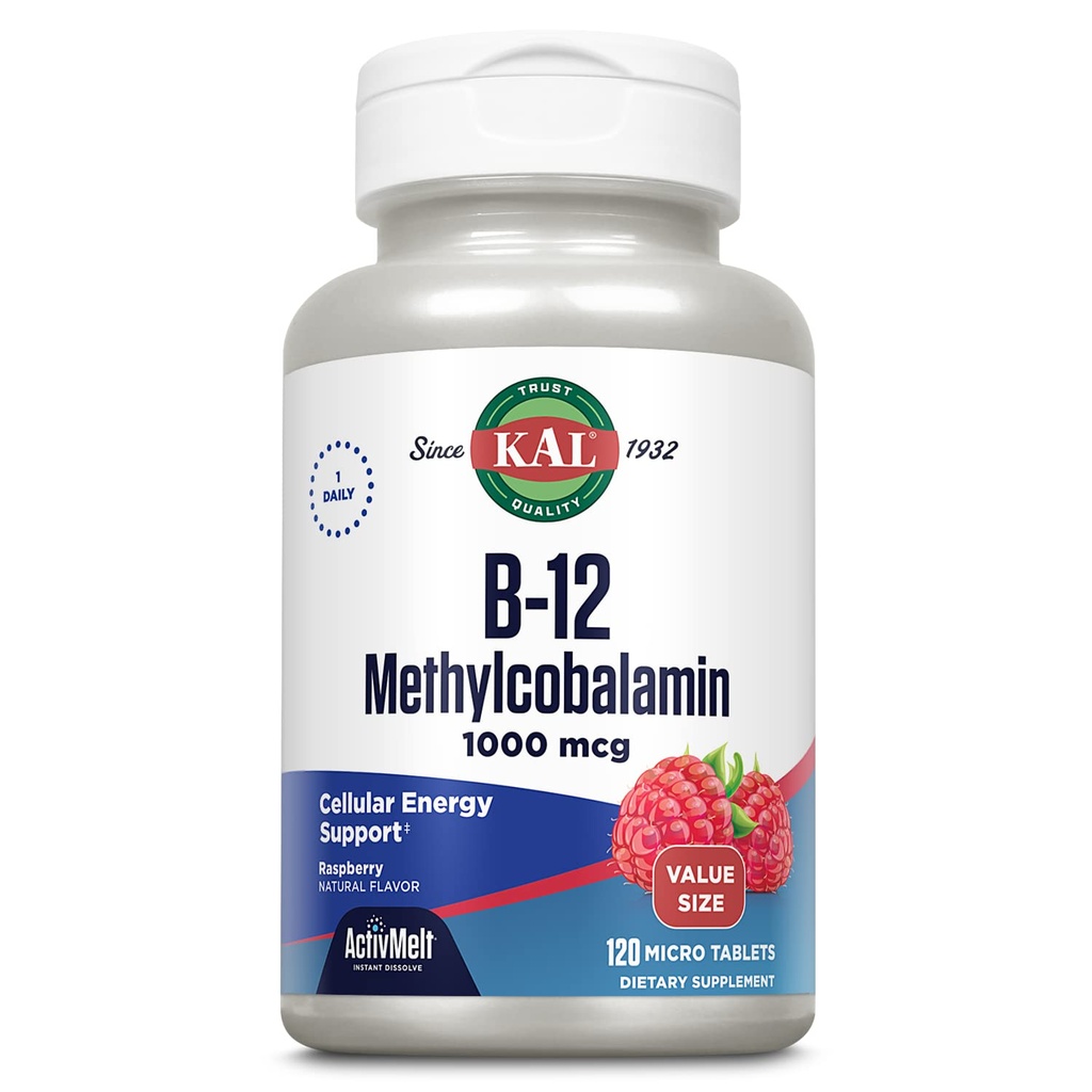 KAL Vitamiin B12 Metüülkobalamiin 1000mcg, tervislik energia, ainevahetus, närvi- ja punaliblede toetus, kiire lahustuv ActivMelt, kõrge imendumine, taimetoitlane, looduslik vaarika, 120 Serv, 120 Micro Tabs