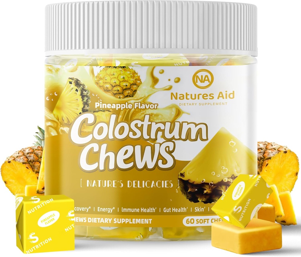 Colostrum Chews Supplement koos probiootikumidega soolestiku tervise, puhituse, immuunsuse, naha, juuste kasvu ja ilu jaoks - ananassimaitse (60 serveerimist)