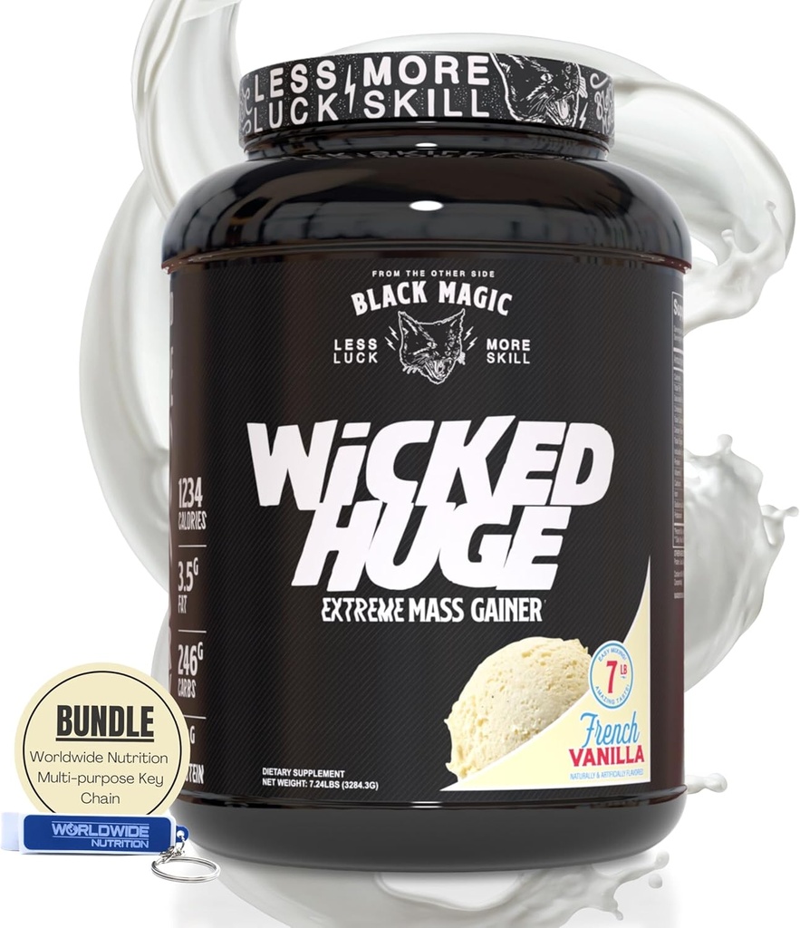 World Nutrition Bundle ühildub Black Magic Wicked Huge - Mass Gainer Prantsuse Vanilla maitse lihaste toetamiseks ja taastamiseks, 7.24 LBS valgupulbri täiendus Keychainiga