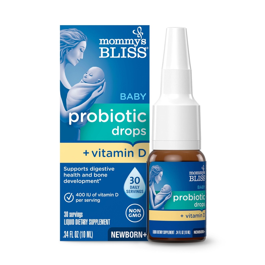 Emme Bliss Baby probiootikumid + D-vitamiini tilgad, toetab seedetrakti tervist ja immuunsüsteemi funktsiooni *, 400 IU D-vitamiini , toetab luude arengut *, vastsündinud +, maitsetu, 0,34 Fl Oz (30 serveerimist)