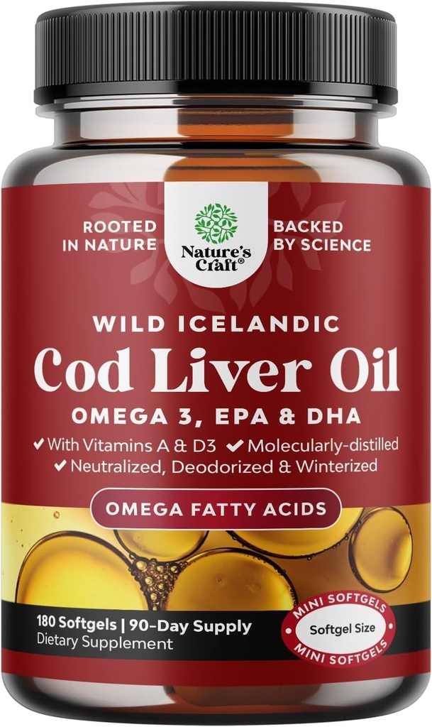 Islandi tursamaksaõli softgels - Wild Caught EPA DHA Omega 3 kalaõli 1000mg portsjoni kohta - Jätkusuutlikult hangitud Burpless Fish Oil Supplement koos vitamiiniga D3 & A südameliigese ja immuunsuse toetamiseks