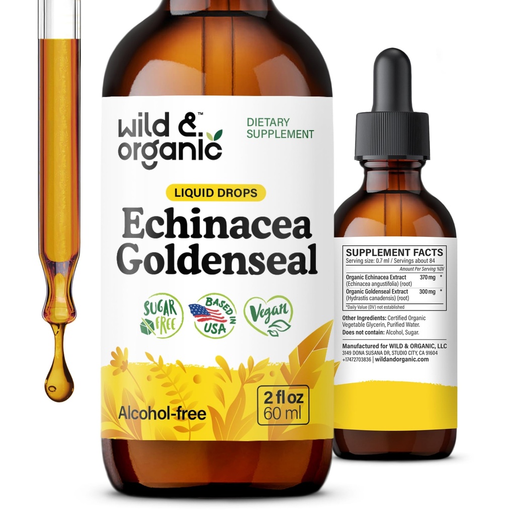 Wild & Organic Echinacea Goldenseal Vedel tilgad - Immune Support Supplement w / Kuldne Echinacea juure ekstrakt - Vegan, suhkur ja alkoholivaba tinktuur - 2 fl oz