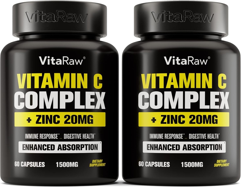 C-vitamiini täiendus 2 pakendis (120 köögiviljakapslit) - 1500mg koos tsink 20mg - kõrgeim imendumine C-vitamiini immuunsüsteemi tugikompleks - C-vitamiini kapslid ja tsink vitamiinid täiskasvanutele, Vit C immuunabi vegan