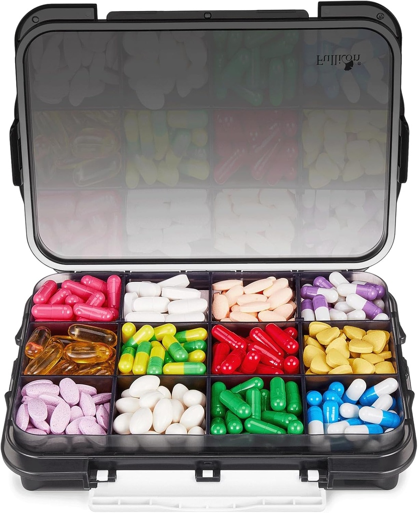 Fullicon Daily Travel Moisture Proof Pill Case 12 Extra Suur Kompartment, Pill Korraldaja 3 Turvatud Buckles, Suur Täiendus Karp Vitamiini Eemaldatavad Jagajad (must)