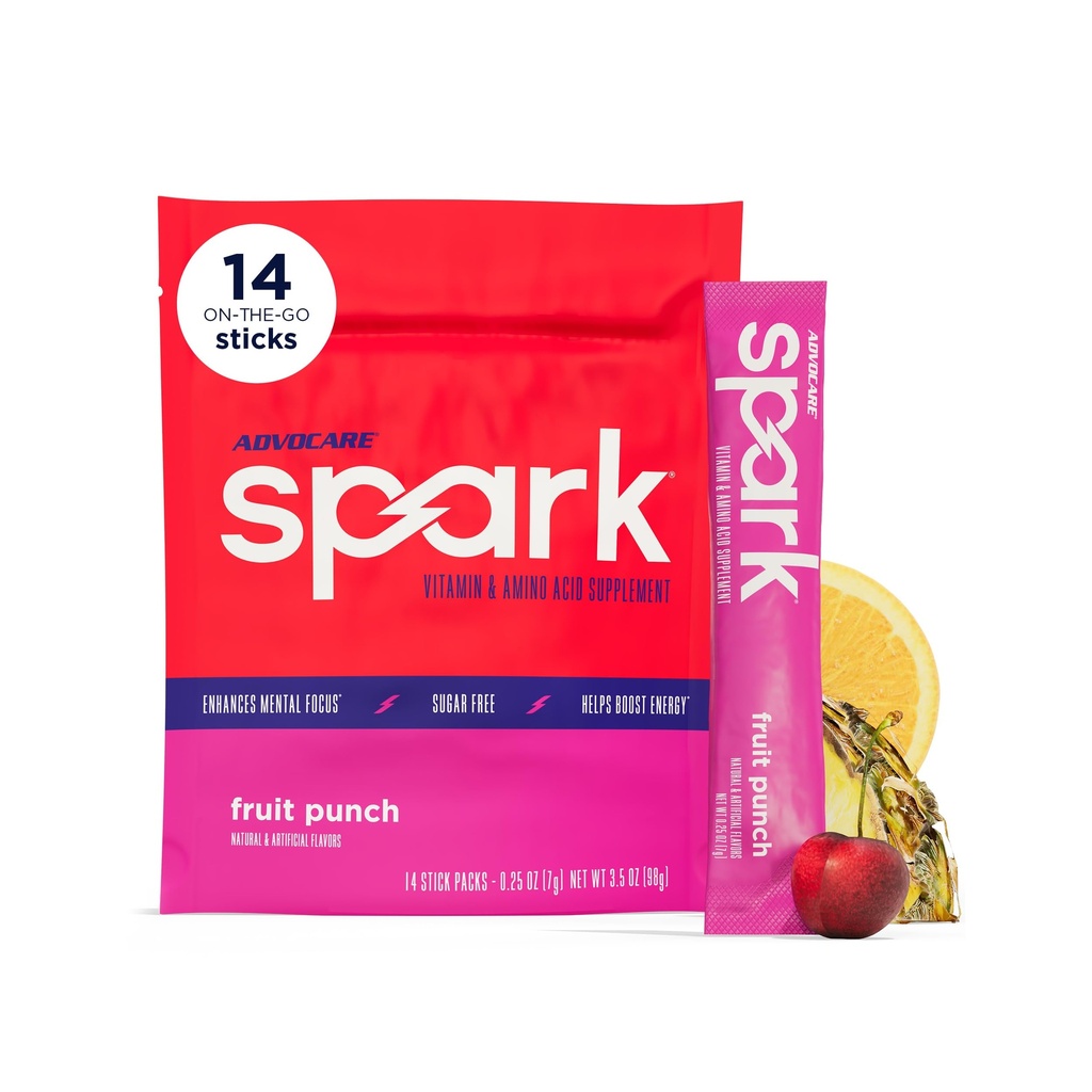 AdvoCare Spark - energiajoogi segu - Vitamiin ja Aminohappe lisand - toetab energiat ja keskendumist * - kaasaskantav immuuntoetus * - suhkruvaba - puuviljapunch, 14 kleeppakendit (3,5 oz)
