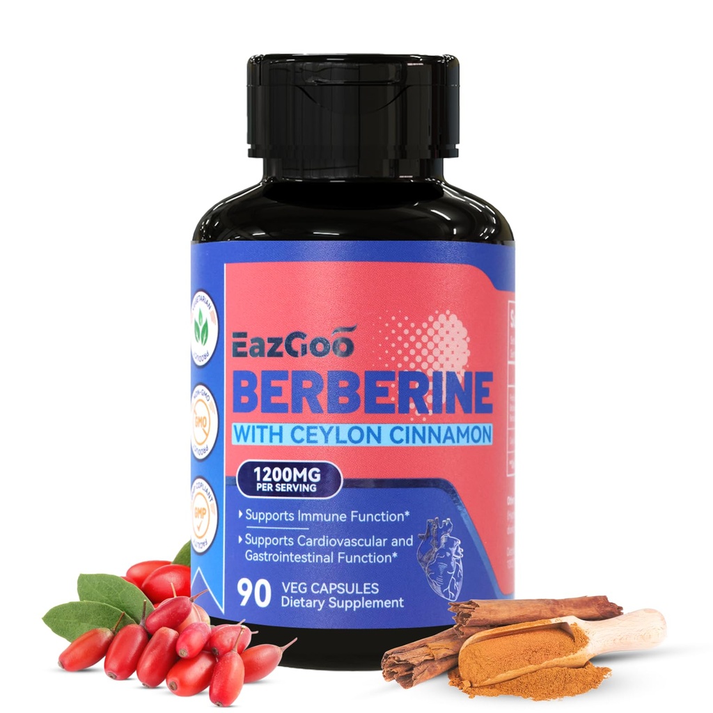 Premium Berberine Supplement 1200mg koos Ceyloni kaneeli - 90 Vegan Kapslid - Berberine HCL täiendus Gluteenivaba, immuuntoetus
