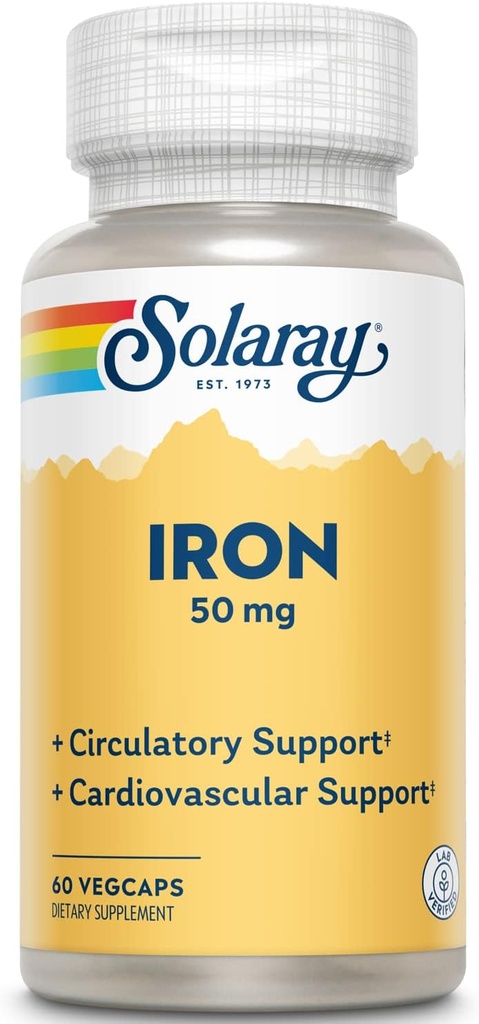 Solaray Raud 50 mg | Tervislik ringlus, südame-veresoonkonna funktsioon ja punaste vereliblede tervisetoetus | 60 VegCaps