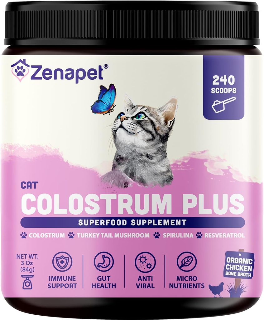ZENAPET Cat Colostrum Plus Premium Powder Topper, Immune & Digestive Health Supplement, 240 Servings (8-kuuline pakkumine), toetab nahka ja katet, valmistatud USA-s