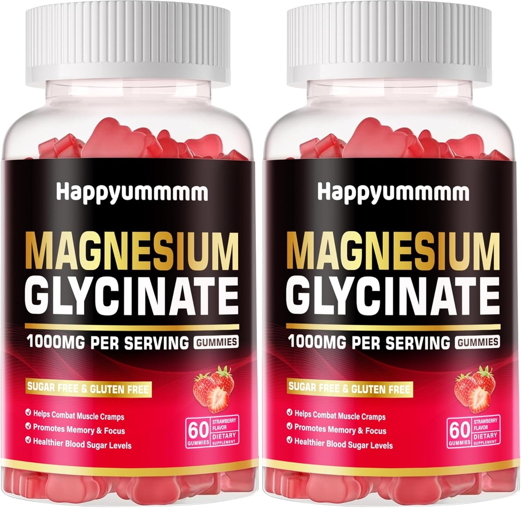 Magneesiumglütsinaatkummid 1000mg - suhkruvaba magneesiumi kaaliumi lisand D-vitamiiniga, B6, CoQ10 rahuliku meeleolu ja une toetamiseks - 120 maasikakummid