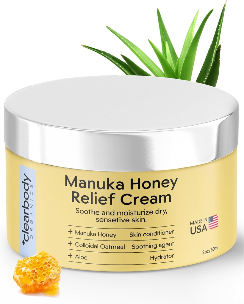 Clearbody Organics Manuka Honey Cream - 2 fl oz, Pack of 1 - rahustav ekseem Kreem - sügavhüdraat kolloidse kaerahelbed - Instant Manuka Relief kuivale, sügelevale nahale