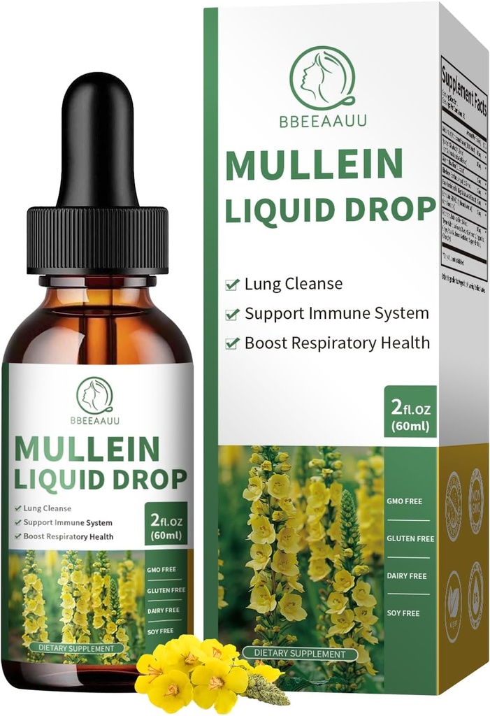 Mullein tilgad kopsudele, 16-in-1 Mullein Leaf ekstrakt kopsude puhastamiseks, hingamisteedele, immuunsusele, kvertsetiini, vahukommi, musta köömne seemne, leedrimarja, Mullein Vedel, Non-GMO, 2 Fl Oz