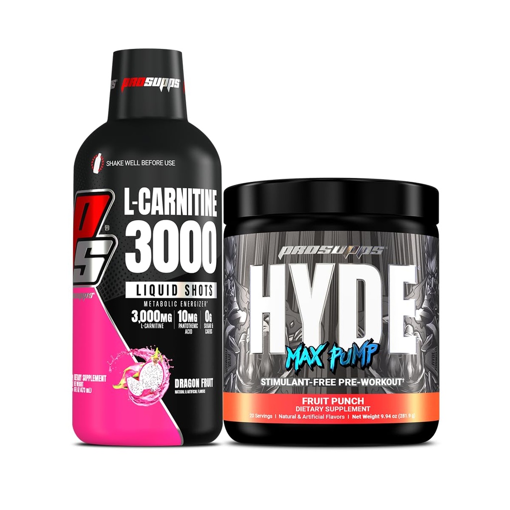PROSUPPS L-karnitiin 3000 Stimulant Free Vedel Shots (Dragon Fruit) ja Hyde Max Pump Pre Workout meestele ja naistele (Fruit Punch)