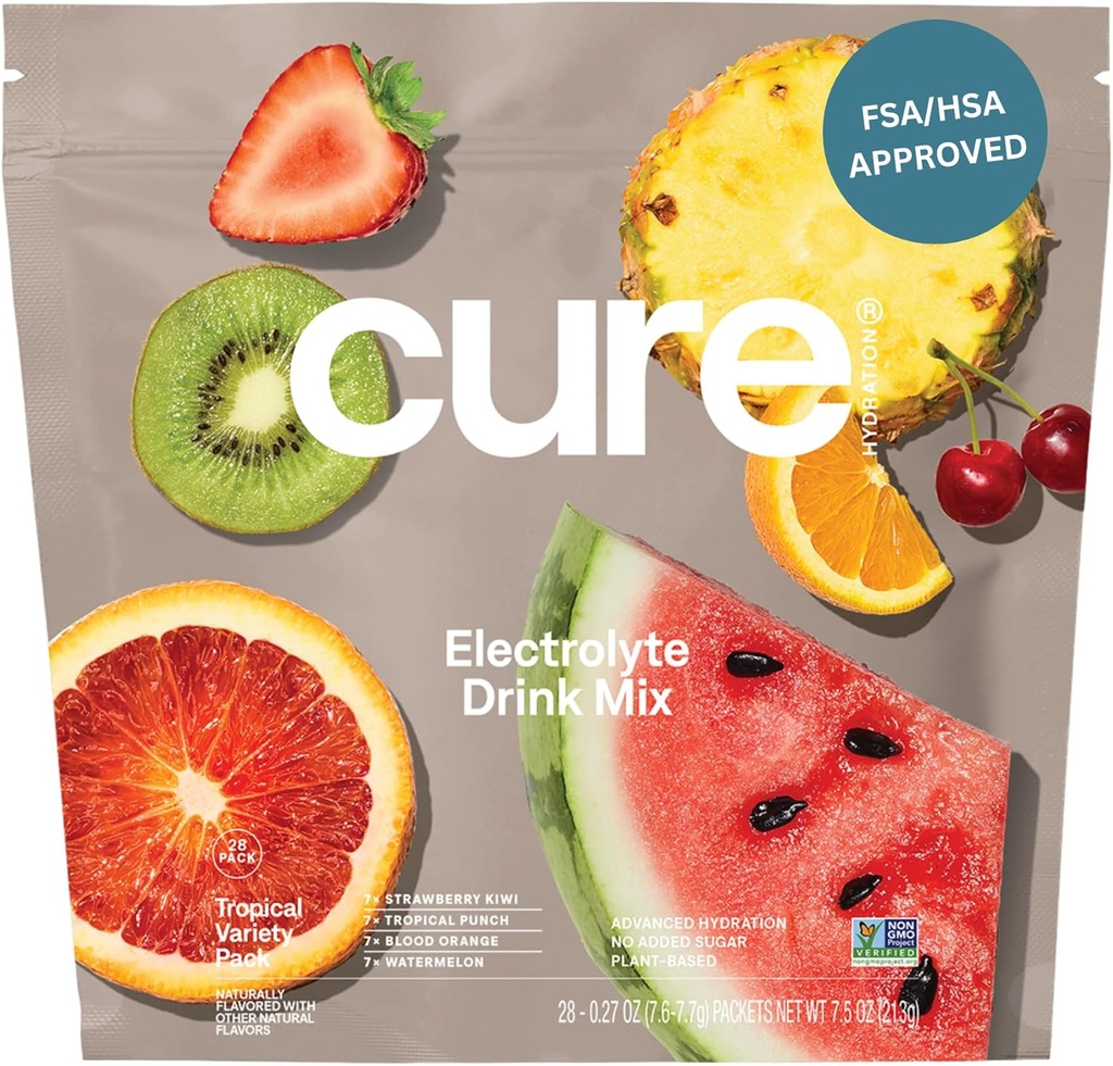 Cure Hydration | Plant-Based Electrolyte Drink Mix | No Add Sugar | FSA-HSA | Dehüdratsioon Relief Pulber valmistatud kookosvesi | Non-GMO | Vegan | 28 Packets - Tropical Variety Pack