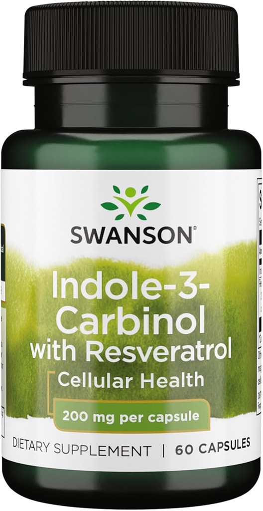 Swanson Indool-3-Karbinool Resveratrooliga - I3C lisand, mis edendab rakulist kaitset - looduslik täiendus, mis aitab säilitada tervislikku hormooni tasakaalu - (60 kapslit, 200 mg iga)