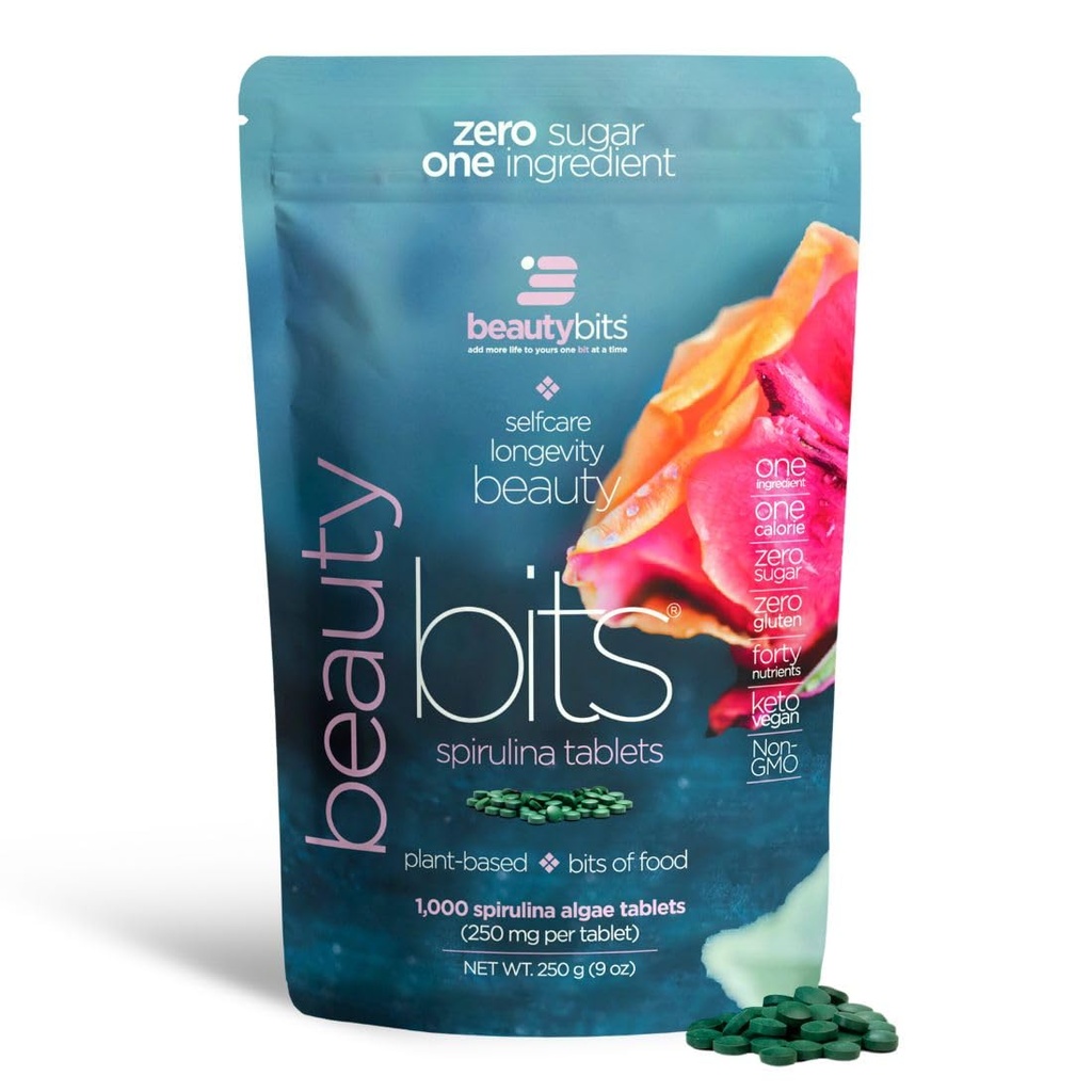 BEAUTYbits - Orgaaniline Spirulina tabletid - vetikad Superfood - kollageen, valk, klorofüll - juuksed, küüned ja nahahooldus - Vegan, Keto, Gluteenivaba - Enesehooldus - Nahahooldus Ilu kingitused - 1000 Tablet Bag