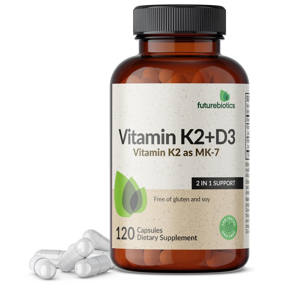 Tulevikubiootikumid K2-vitamiin (MK7) koos D3-lisandiga - mitte-GMO valem - 5000 IU D3-vitamiin ja 90 mcg K2-vitamiin MK-7, 120 taimetoitlast kapslit