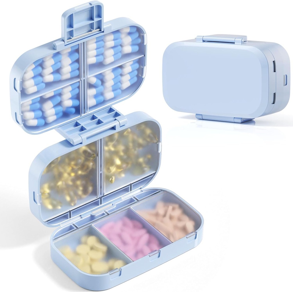 MEACOLIA Triple Folding Pill Korraldaja , 9 Komplekti Suure mahutavusega reisipillide ümbris , Daily Pill Box Väike pillide konteiner vitamiinide , tursamaksaõli , lisandid (sinine)