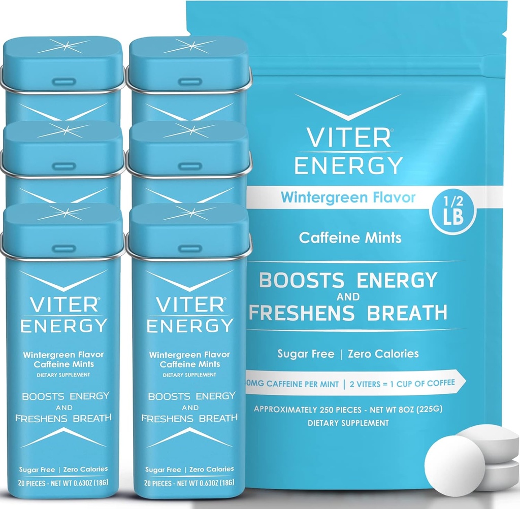Viter Energy Original Kofeiin Mints Wintergreen Maitse 6 Pack ja 1/2 Nael Bulk Bag Bundle - 40mg Kofeiin, B-vitamiinid, Suhkruvaba, Vegan, Võimas energia Booster fookus ja häire