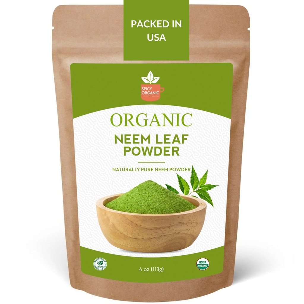 SPICY ORGANIC Neem Powder - 4 oz. - Certified USDA Organic - Non-GMO - Fresh Dried Neem Leaves Pulber tervete juuste ja naha jaoks - Azadirachta Indica Ayurvedic Herb üldise heaolu jaoks