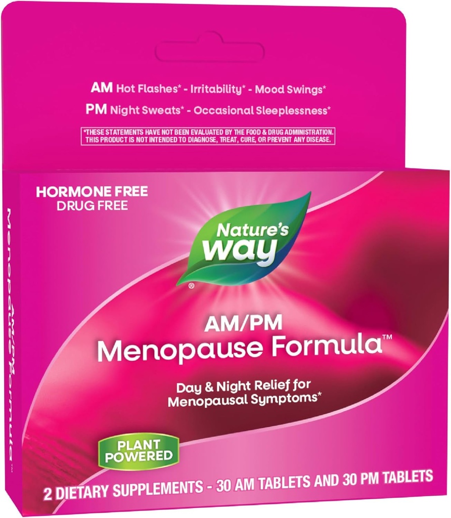 Nature's Way AM / PM Menopausi lisandid naistele, kuuma Flash Relief *, öine higistamine *, rahumeelne uni *, meeleolu kiiged *, hormoonivabad valemid musta Cohoshiga, Theanine, Valerian, 60 tabletti