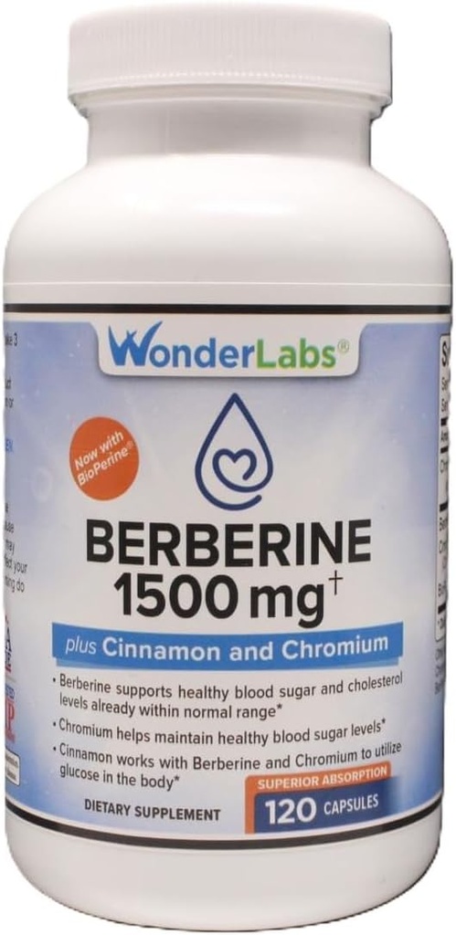 Wonder Laboratories Surperior Imendumine Berberine HCL 1500mg + kaneel, kroom ja bioperine hooldus Glükoosi, südame ja immuunsüsteemi tervise Gluteeni ja GMO vaba - 120 kapslit