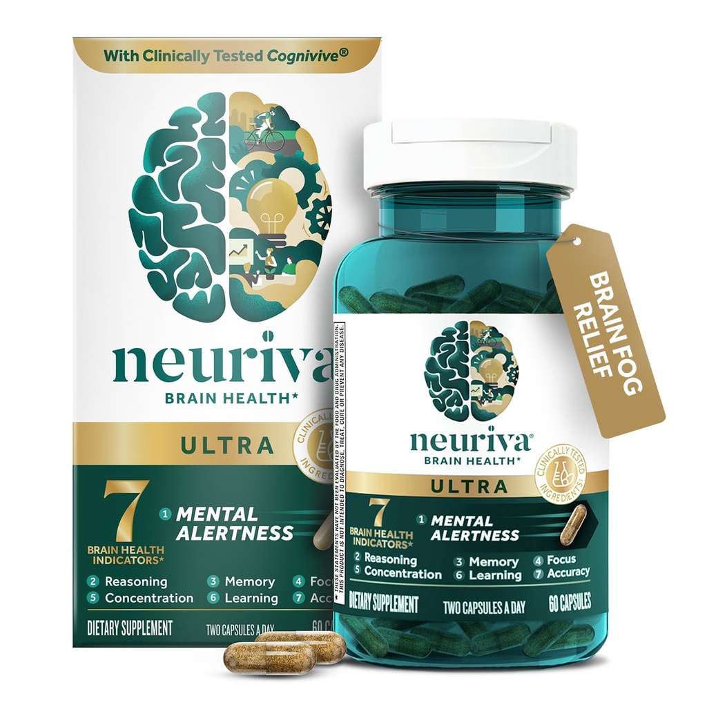 NEURIVA Ultra dekofeiiniga kliiniliselt testitud Nootroopne aju lisand vaimsele häirele, mälule, fookusele ja kontsentratsioonile, Cognivive, neurofaktor, fosfatidüülseriin, vitamiinid B6 B12, 60 kapslit