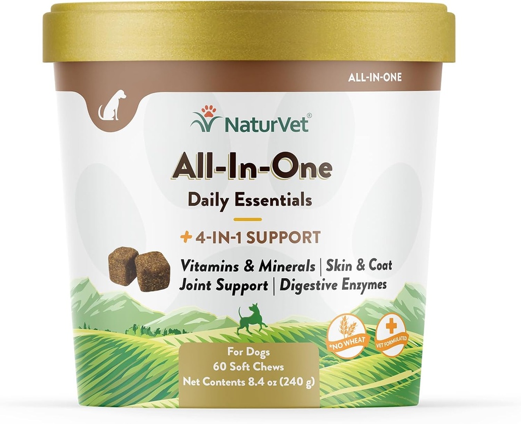 NaturVet All-in-One Dog Supplement - ühine tugi, seedimine, nahk, karvahooldus - Koer multivitamiinid mineraalidega, Omega-3, 6, 9 - Nisuvabad vitamiinid koertele - 60 pehmet närimist