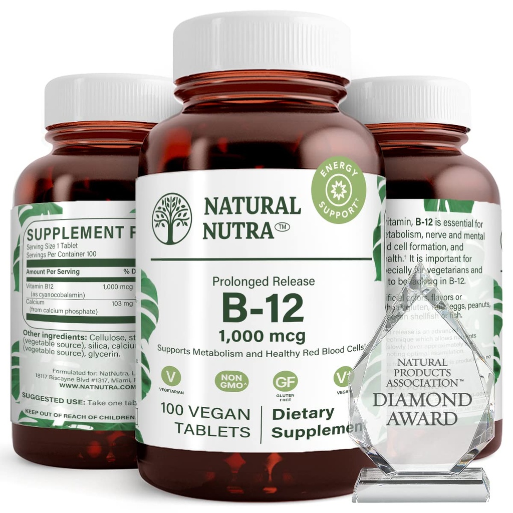 Looduslik vitamiin B12 1000 mcg, südame ja närvide tervise edendamine, kobalamiin B12 lisand, kaltsiumfosfaat, abi ainevahetuses Tervis, optimaalne imendumine, gluteenivaba, suhkruvaba, 100 vegan tabletti