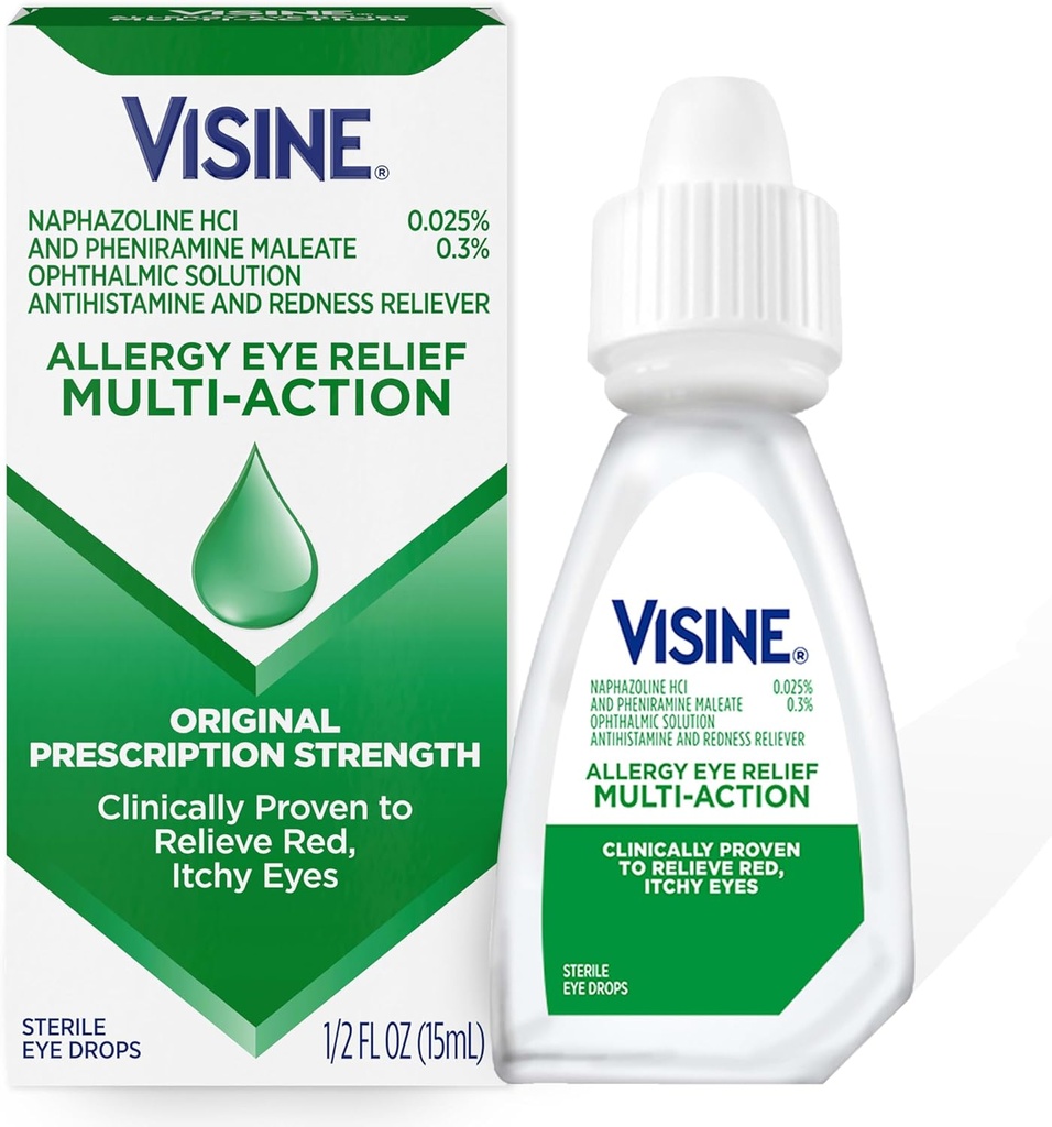 Visine Allergia Silma Relief Multi-Action Antihistamiin & Redness Reliever Silmatilgad koos feniramiin Maleate & Nafasoliin HCl, Allergia Silmatilga Ravi punane, sügelevad silmad, 0,5 fl. oz