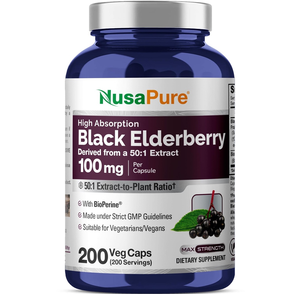 NusaPure Black Elderberry 50: 1 ekstrakt, 100 mg, mis vastab 5000 mg Veggie kapslite kohta, 200 loend (GMO-väline, bioperine) Sambucus Supplement