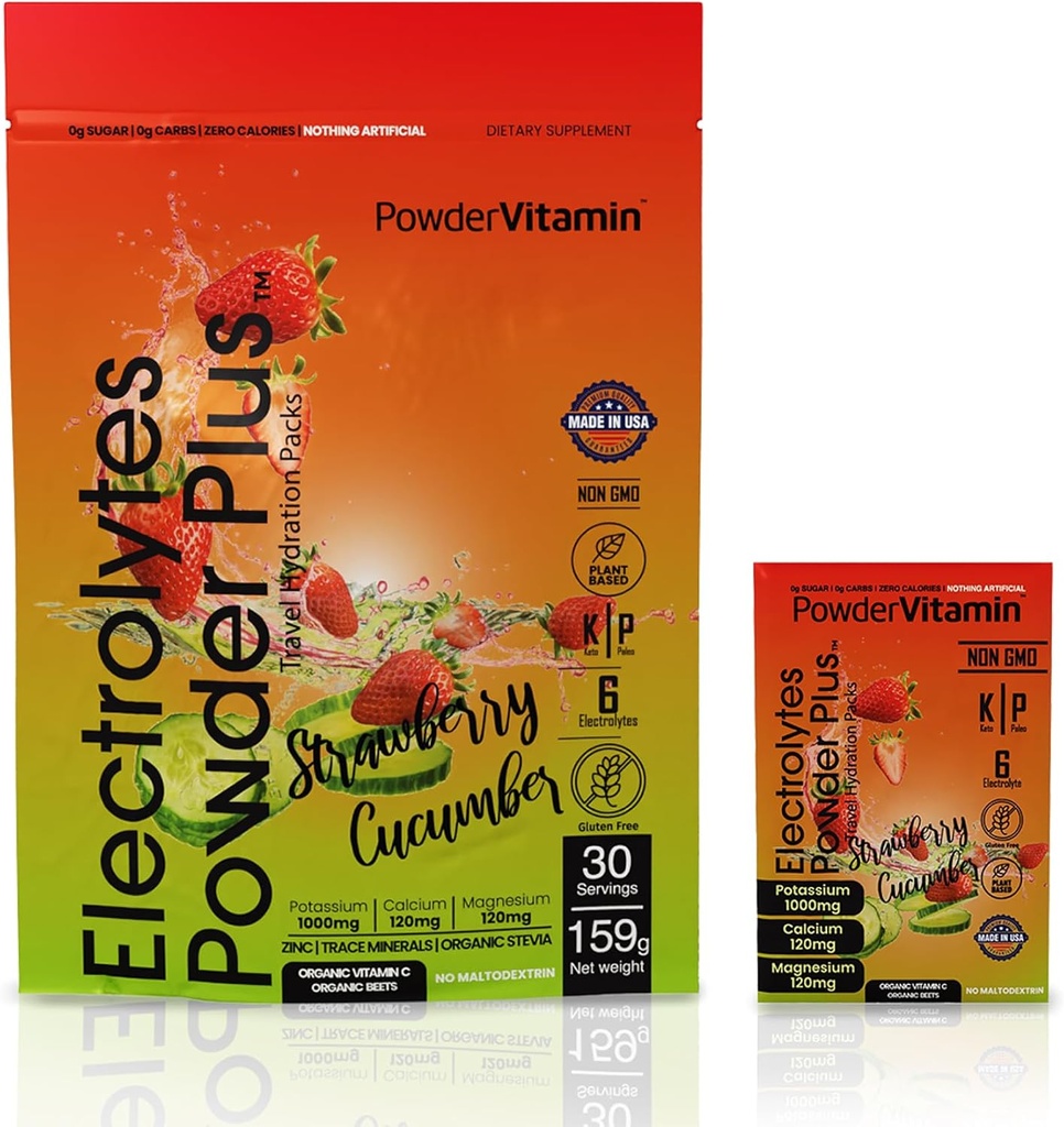 PowerVitamiin Elektrolüüdid Pulber paketid - Maasika kurk - Keto elektrolüüdid igapäevaseks energiaks - Hüdraadipulber 1000mg kaaliumi, 120mg magneesiumi, nullkalorid - 30 Hüdratsioonipaketti