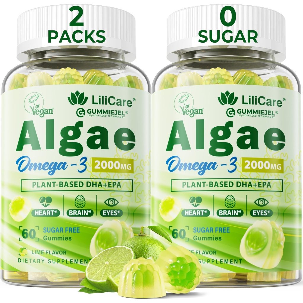 Omega 3 Gummies 2200mg vetikaõlist (DHA 640mg & EPA 290mg) naistele ja meestele, Vegan Omega 3 kalaõli Alternatiivne, w / CoQ10, astaksantiin, A-vitamiin, E, D3 aju, silma, antioksüdant, suhkruvaba 2Packs