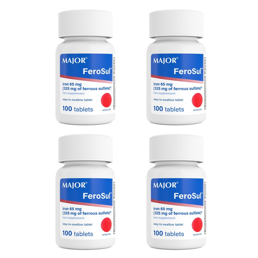 Major FeroSul - raudsulfaat 325 mg tabletid - Raualisand naistele ja meestele - spetsiaalselt kaetud kergesti neelatavad tabletid - punane - 100 loend (4 pakendit)
