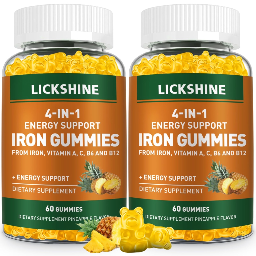 2 Pack Vegan 100MG Raualisandi Gummies naistele ja meestele - vitamiin C, A, B täiskasvanutele ja lastele - energiatoetus rauapuuduse, aneemia - ananassimaitse (120 Ct)