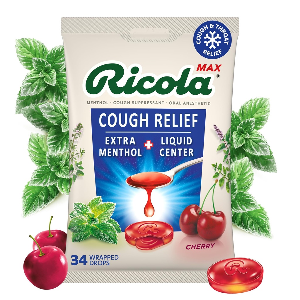 Ricola Max Swiss Cherry Throat Care Large Bag | Cough Suppressant Drops | Dual Action Vedelik Center | Rahustav Long-Lasting Relief - 34 Count (Pack of 1)