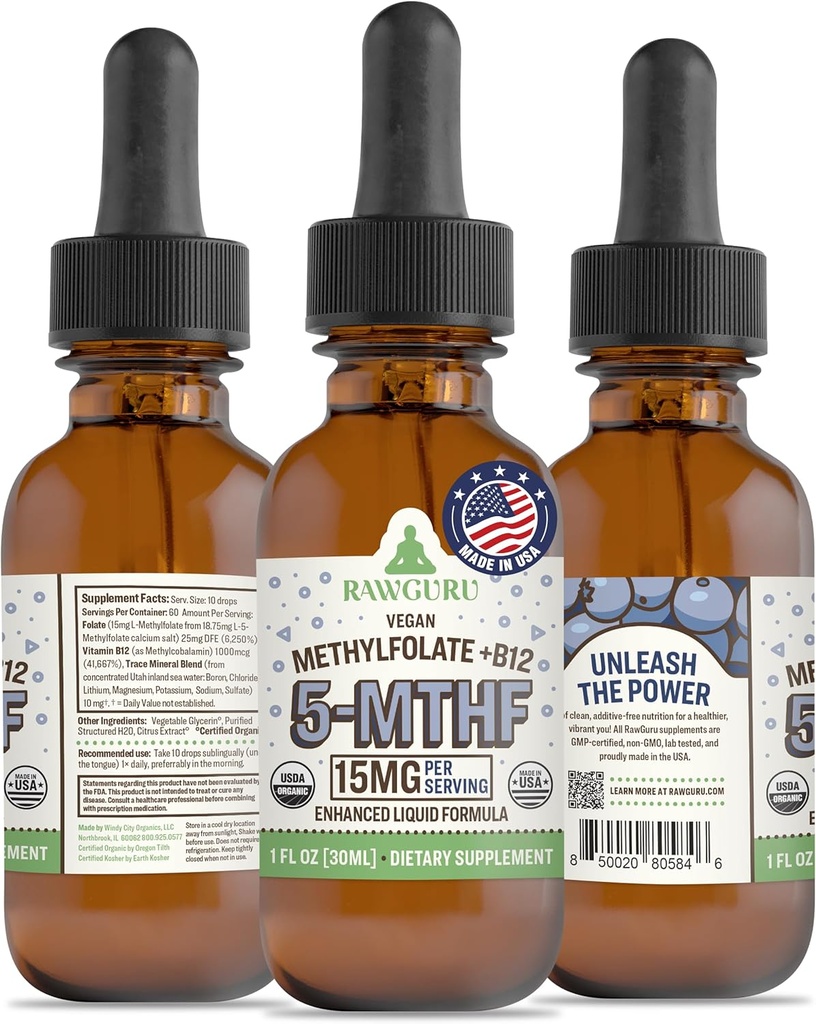 RawGuru L-Methylfolate 15 mg + Vitamiin B12 - Orgaaniline Vegan Methylated B12 koos jälgedega Minerals - Nano-töödeldud & Enhanced Vequid Formula - 300 Servings Vegan tilgad 30 ml, Pakend 1