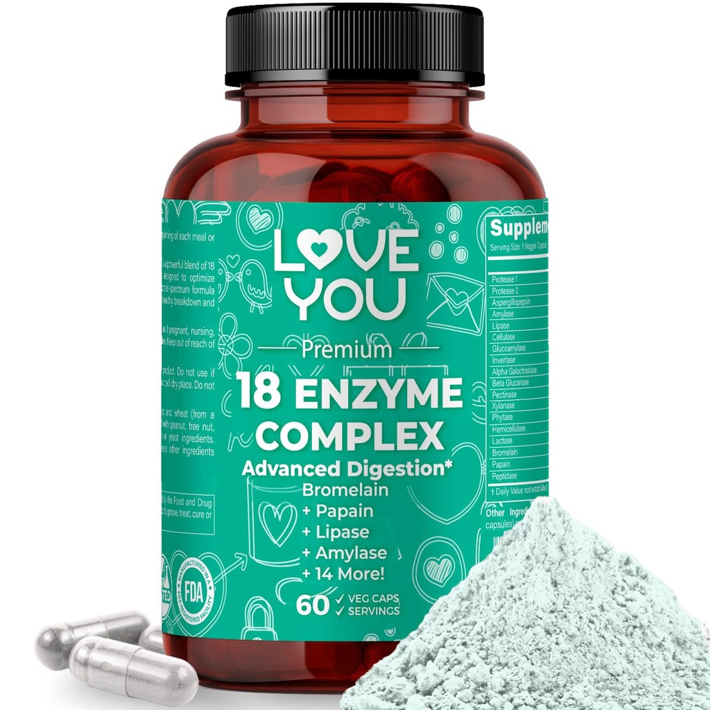 Love You 18 Enzyme Complex – Taimepõhised seedeensüümid naistele ja meestele | Toetab toitainete imendumist ja seedetrakti mugavust | 60 USA-s valmistatud vegankapslit