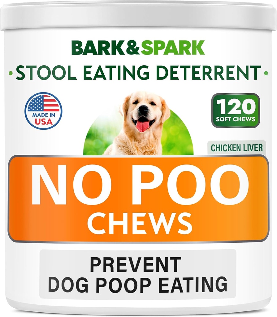 BARK & SPARK NO Poo Treats - Prevent Dog Poop Eating - Coprophagia Ravi - Stool Eating Deterrent - Probiootikumid & Ensüümid - Seedetrakti Tervis + Hingamisabi - 120 Soft Chews - USA Made - Maks