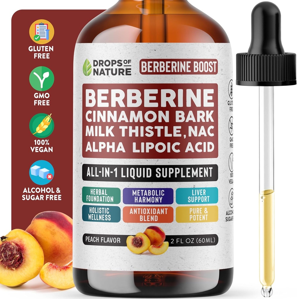 Berberiini lisand, piimaohakas, Tseiloni kaneel, Alfa-lipohape, NAC-i lisand Vedeliktilgad - Vegan, 4X imendumine kui kapslid - Berberiin maksmiseks ja holistiline heaolu (virsik, 60 ml)