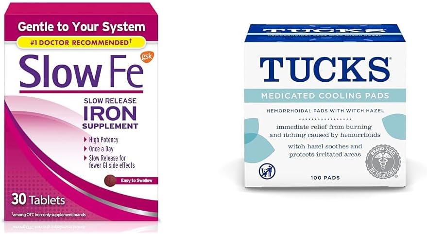 Aeglane Fe 45mg raualisa rauapuuduse tabletid ja padjad Medicated jahutuspadjad hemorroidid, 100 Count