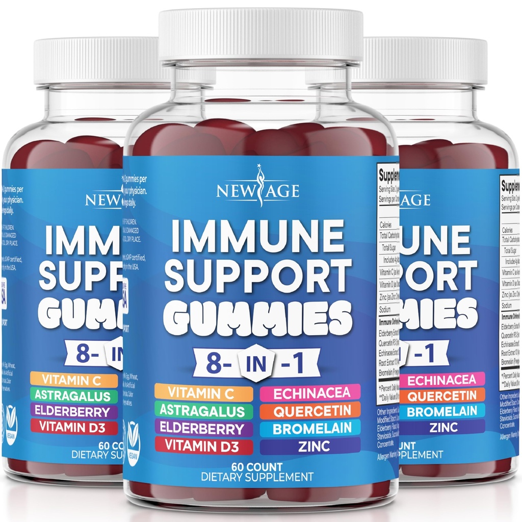 NEW AGE 8 in 1 Immune Support Booster Supplement Astragalus Juur, vitamiin C ja tsink 50mg, vitamiin D 5000 IU, Quercetin & Bromelain (8 in 1 Gummies (Pack of 3)