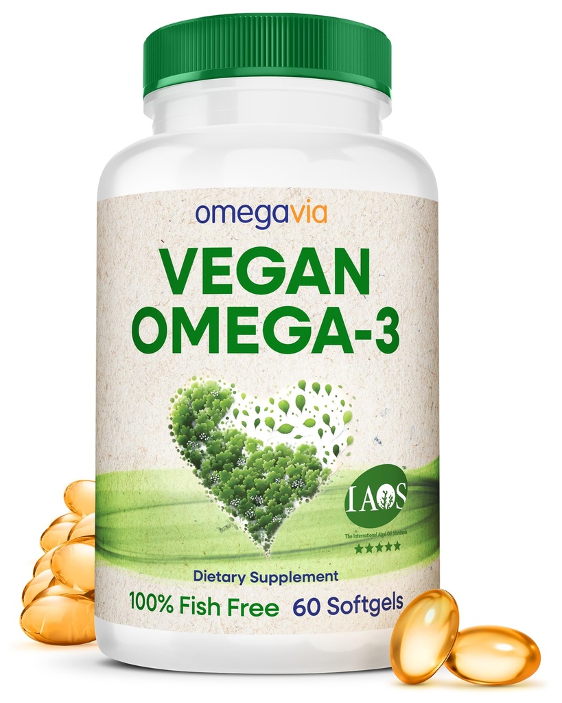 OmegaVia Vegan Omega 3 täiendus, vetikad Omega 3 kalaõli Alternatiivne, 300mg Vegan DHA rasvhapped, taimsed, planeedi ja ookeani sõbralik, IAOS 5 tärni testitud, 60 Softgels