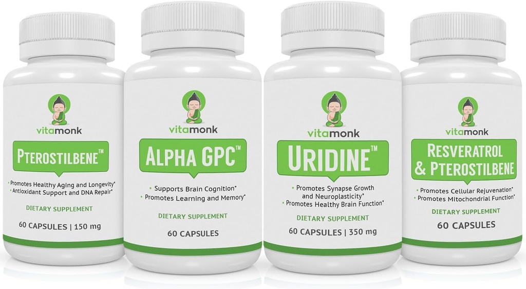 VitaMonk Resveratrool, Pterostilbene, Alpha GPC ja Uridine Bundle - pikaealisus ja aju tugevdamine Stack