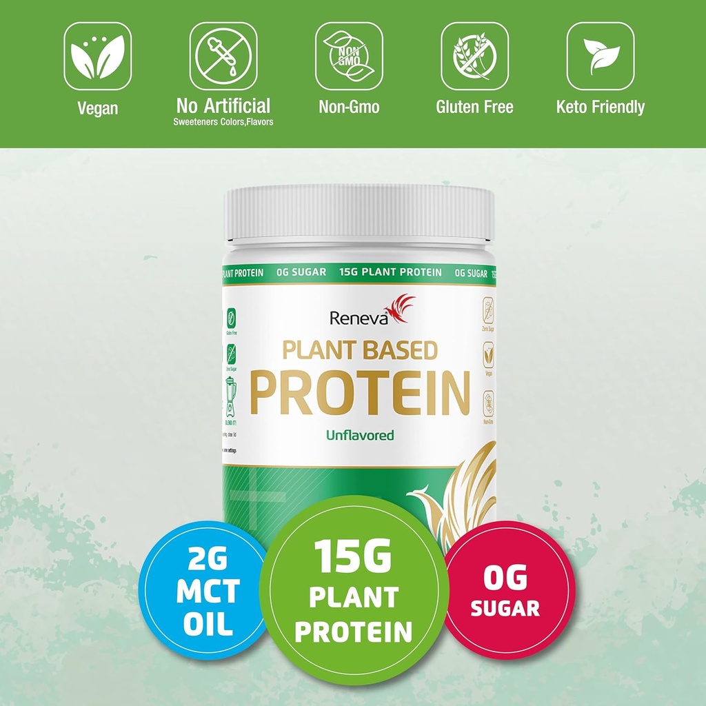 RENEVA Veganvalgu pulber | 15g Taimne valk hernest ja riisist | Gluteenivaba, piimavaba, laktoosivaba, sojavaba, nullsuhkrut (looduslikult magustatud steviaga) | 12,7 Ounce taassuletav kanister