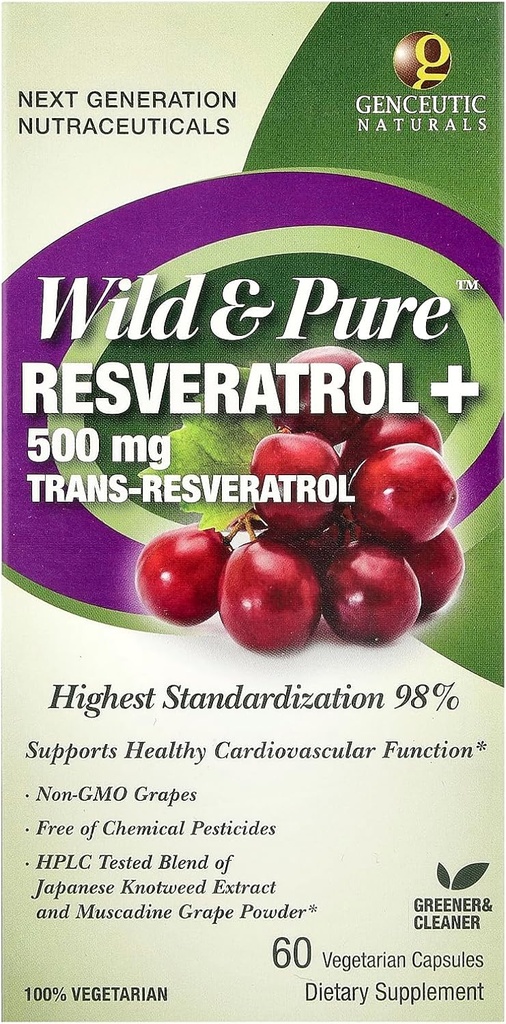 Genceutic Naturals Wild & Pure Resveratrol Vegetarian Capsules, 60-Count | Promotes Heart Health | Anti Ageing | Üldine heaolu