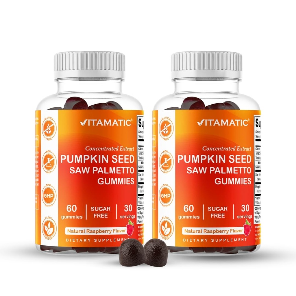 Vitamatic Pumpkin Seed 20: 1 Extract & Saw Palmetto 10: 1 Extract Gummies – Sugar-Free Botanical Extract – Natural Vaarika Maitse – Vegan, Non-GMO, Plant-Based Gummies – 60 Count - 2 Pack (120 Count)