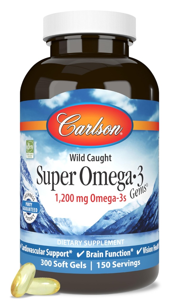 Carlson - Super Omega-3 Gems, 1200 mg Omega-3 rasvhapped EPA ja DHA-ga, looduslikult püütud Norra kalaõli lisand, jätkusuutlikult hangitud kapslid 300 Softgels